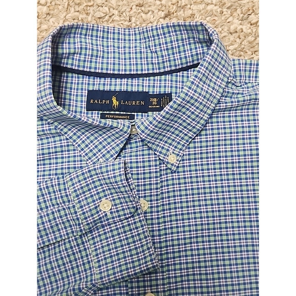 Ralph Lauren Performance Mens 2XB Blue Green Plaid Button‎ Down Shirt Pony Logo